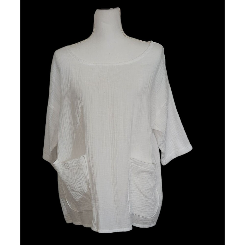 Farmhouse Frocks White Linen/Cotton Top Front Pockets Amish Made Size Small